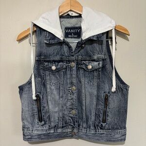 Sleeveless Cropped Hooded Denim Jean Vest Gray Size Large Moto Biker Y2K Vtg